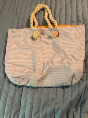 Thierry Mugler Light Blue Striped Tote with Cream Rope Handles and Yellow Trim